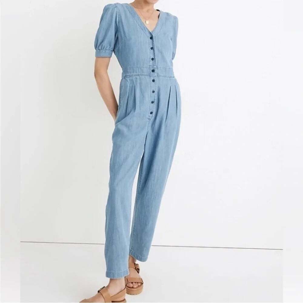 MADEWELL Women Chambray Jumpsuit Button Front Puff Short Sleeve Sz 14 Blue 2-20